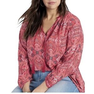 Lucky Brand Plus Size 2X Top Red Paisley Long Sleeve Tassel Gauzy Boho Artsy 156